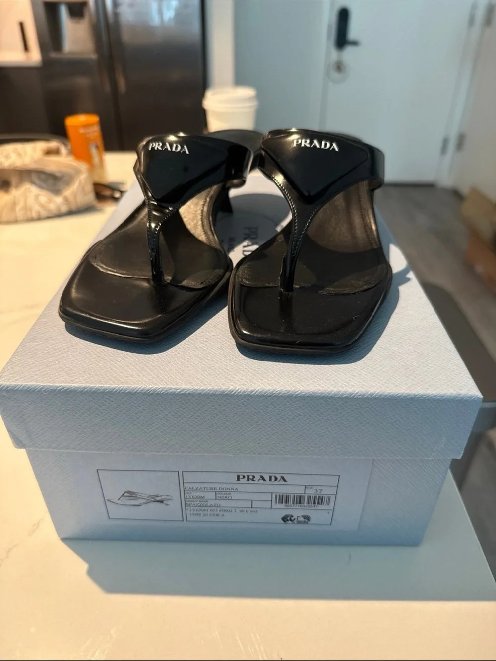Prada Black Leather Square Toe Thong Mules